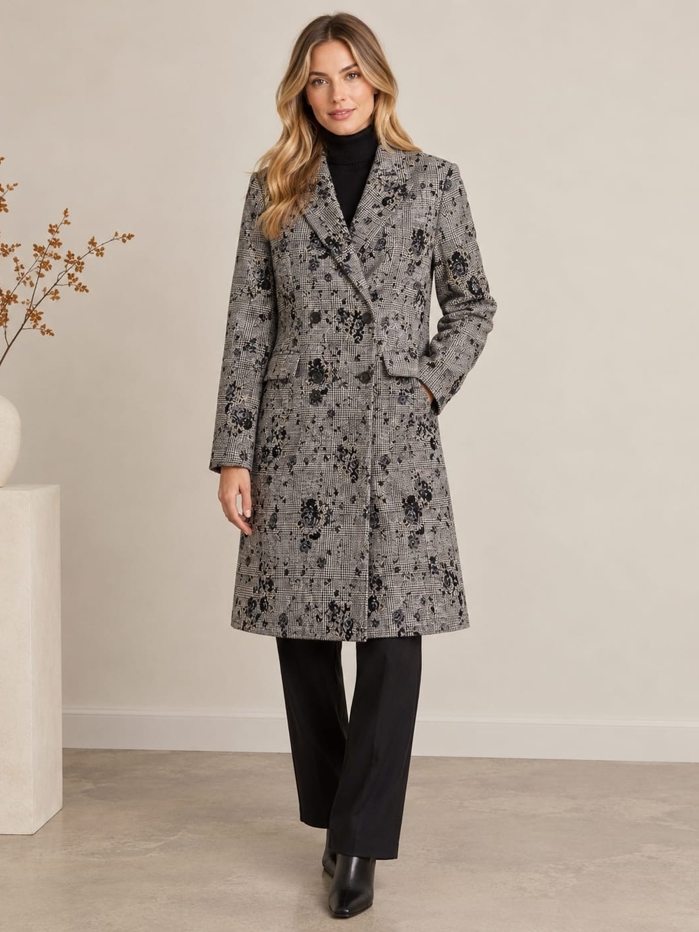 Calvin Klein Floral Glen Plaid Coat